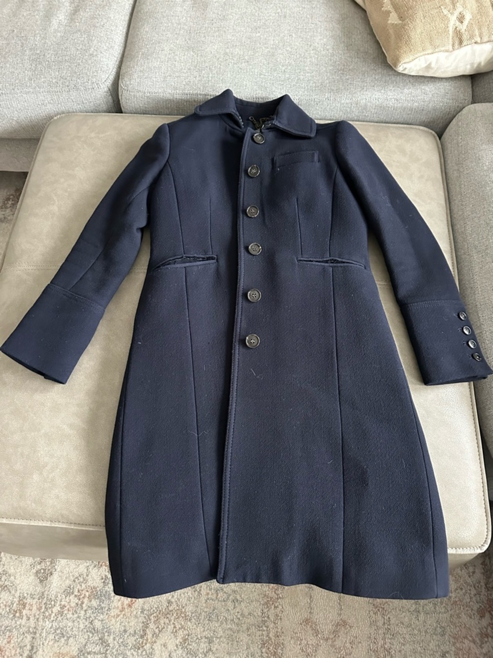 J. Crew Double Cloth Navy Dress Coat with Gold Chain